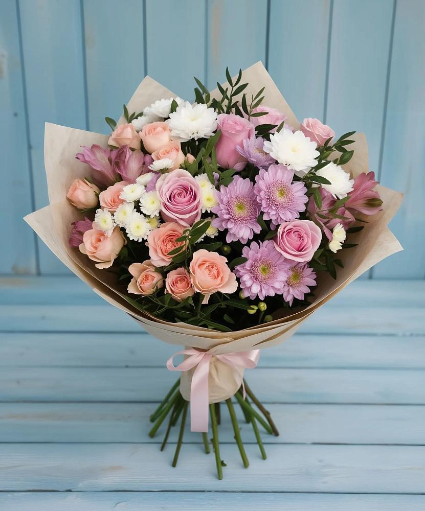 Букет цветов из: Хризантемы, Розы и Альстромерии в Осеченки