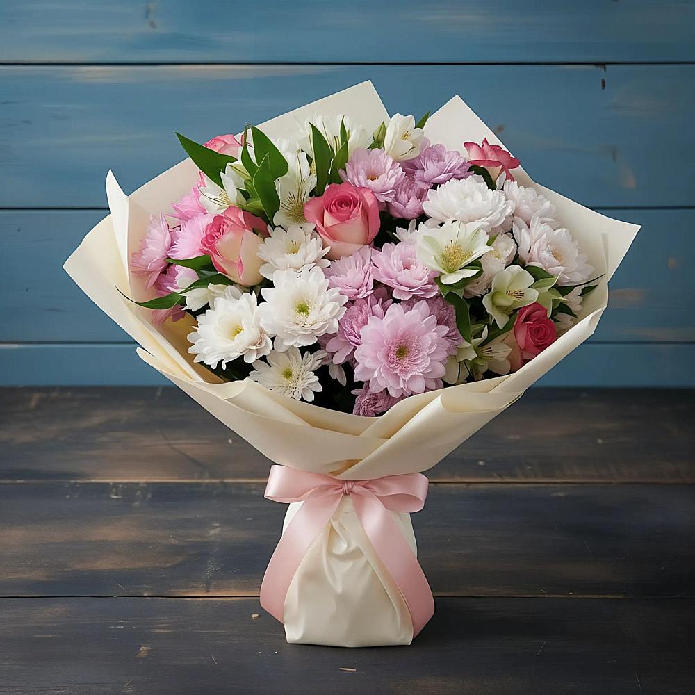 Букет цветов из: Хризантемы, Альстромерии и Розы в Осеченки